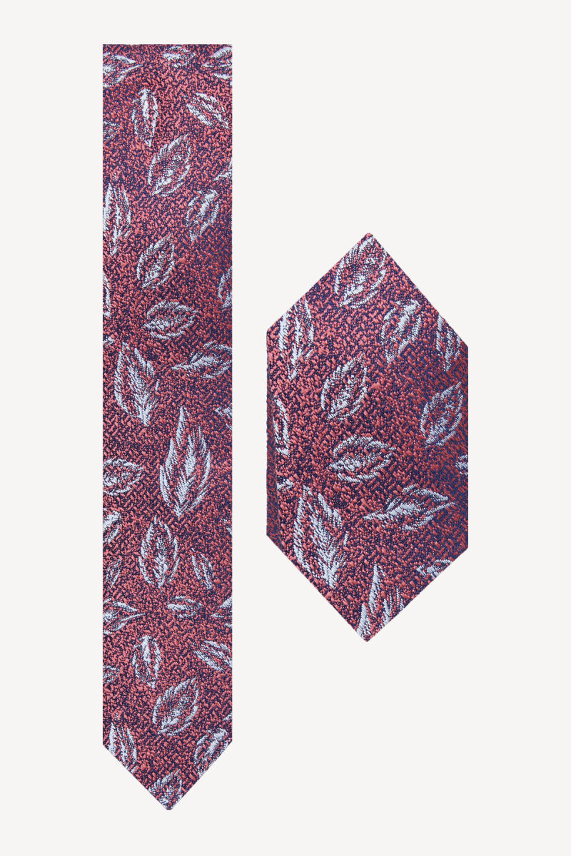 Erkek Bordo Yaprak Desen Kravat Mendil Set - 1