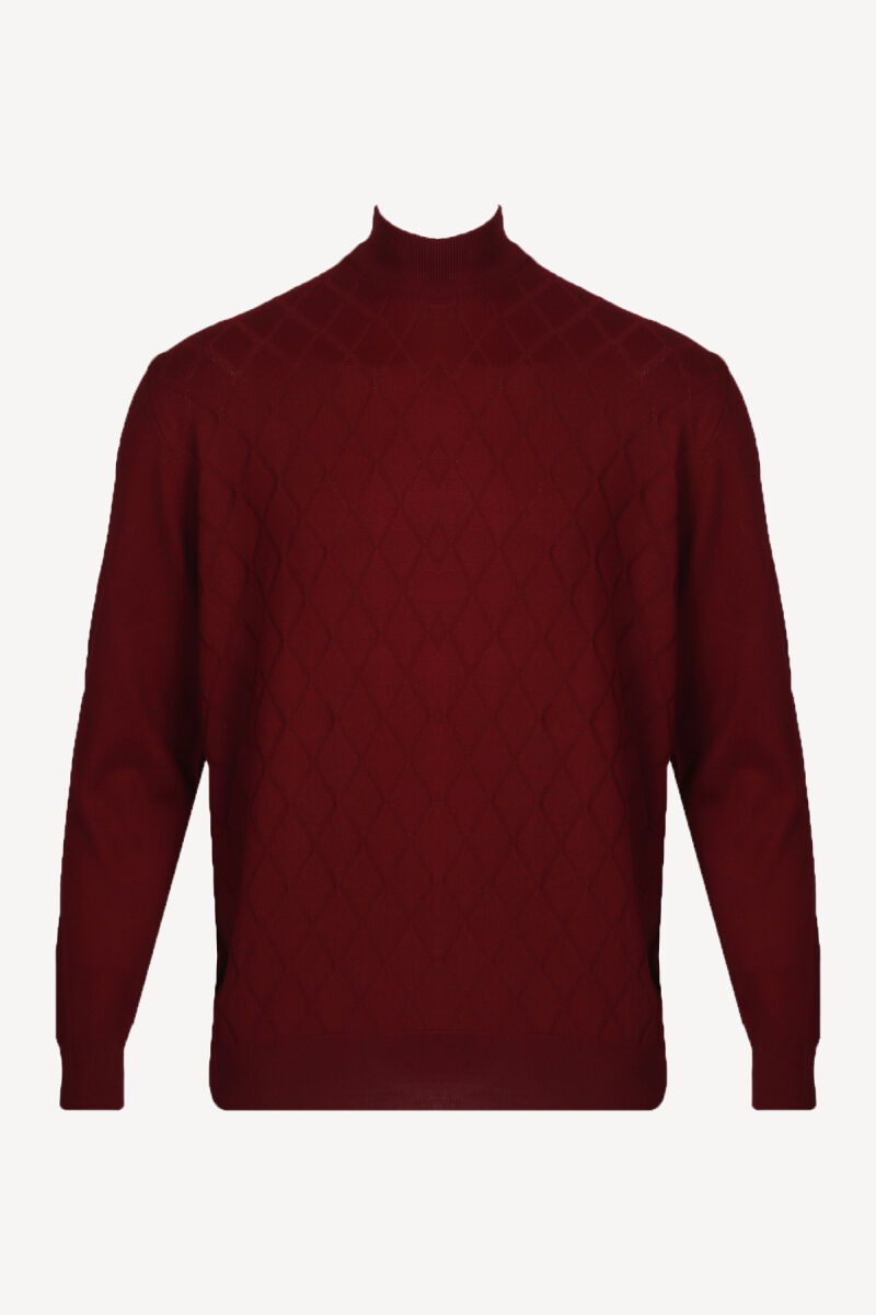 Erkek Bordo Yarım Balıkçı Yaka Klasik Desenli Triko - 1