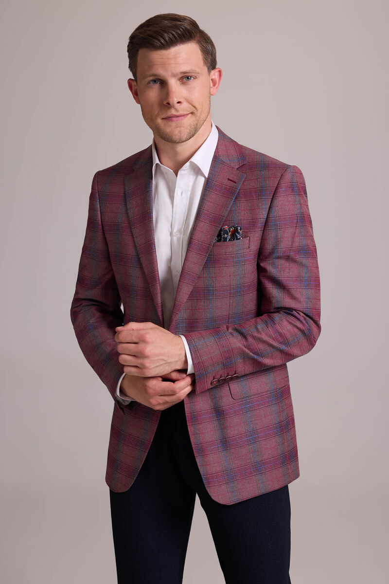 Erkek Bordo Yünlü Kareli Klasik Ceket - 1