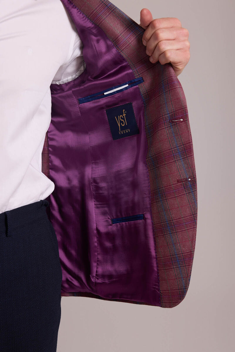 Erkek Bordo Yünlü Kareli Klasik Ceket - 8