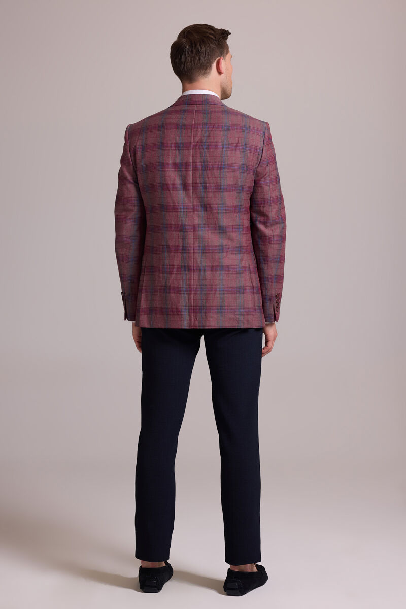 Erkek Bordo Yünlü Kareli Klasik Ceket - 9