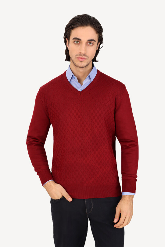 Erkek Bordo Yünlü Klasik V Yaka Desenli Triko