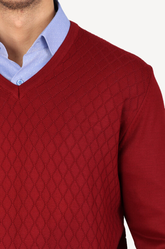 Erkek Bordo Yünlü Klasik V Yaka Desenli Triko