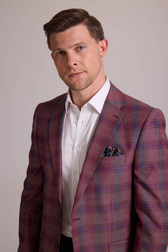 Erkek Bordo Yünlü Yarım Astar Kareli Klasik Ceket