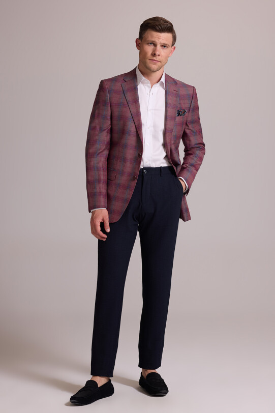 Erkek Bordo Yünlü Yarım Astar Kareli Klasik Ceket