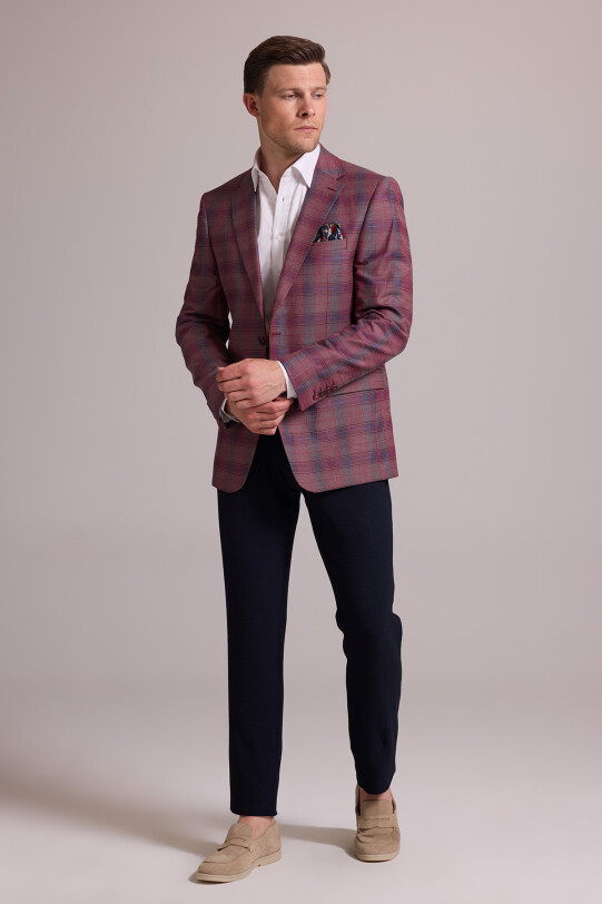 Erkek Bordo Yünlü Yarım Astar Kareli Klasik Ceket