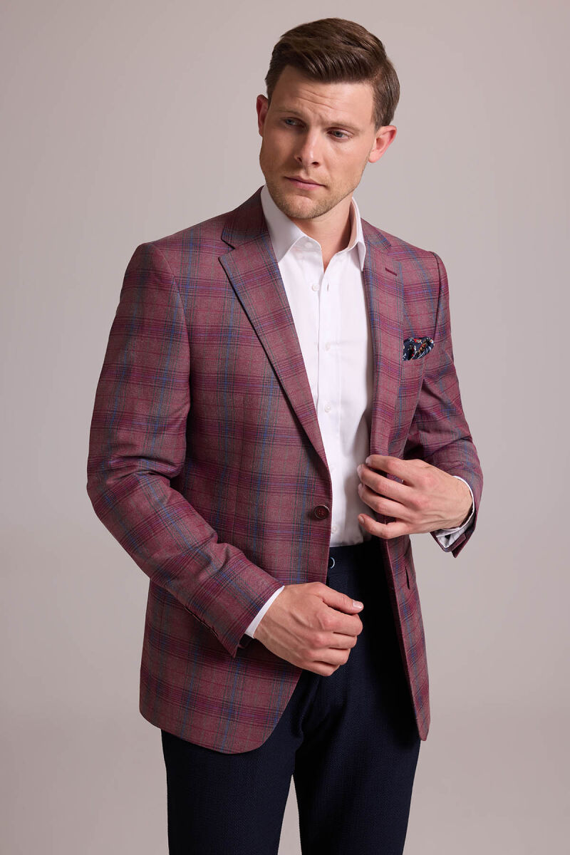 Erkek Bordo Yünlü Yarım Astar Kareli Klasik Ceket - 5