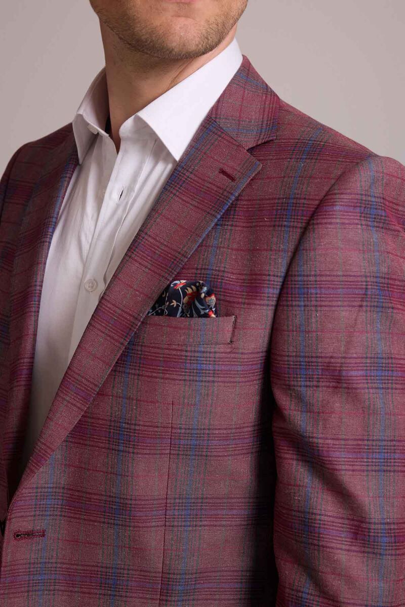 Erkek Bordo Yünlü Yarım Astar Kareli Klasik Ceket - 7