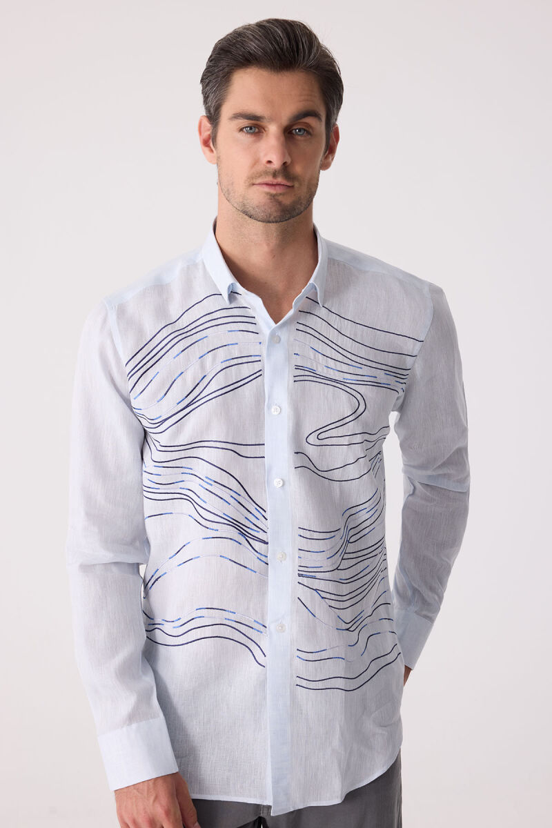 Erkek Buz Mavisi Gizli Yaka Düğmeli Keten Slim Fit Gömlek - 1