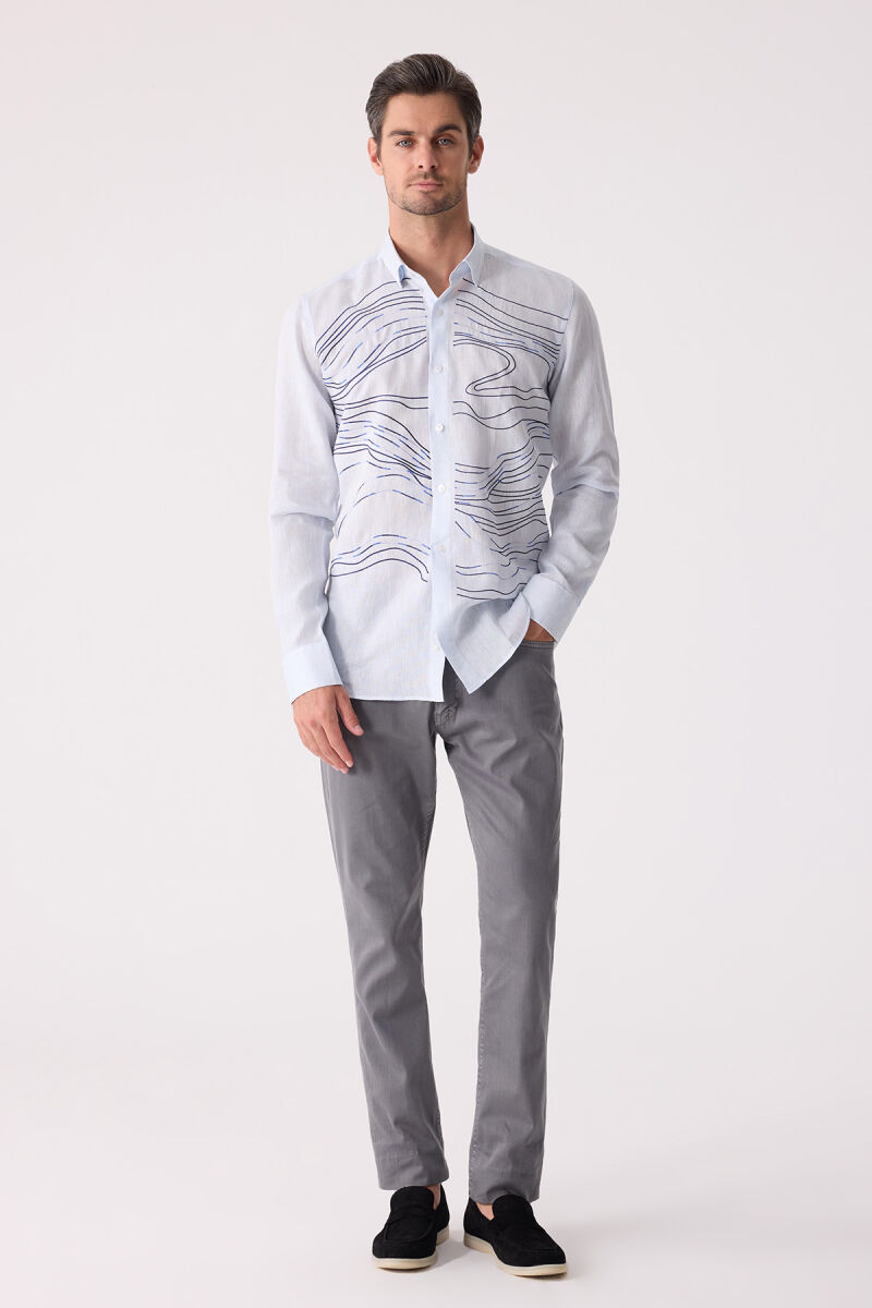 Erkek Buz Mavisi Gizli Yaka Düğmeli Keten Slim Fit Gömlek - 2