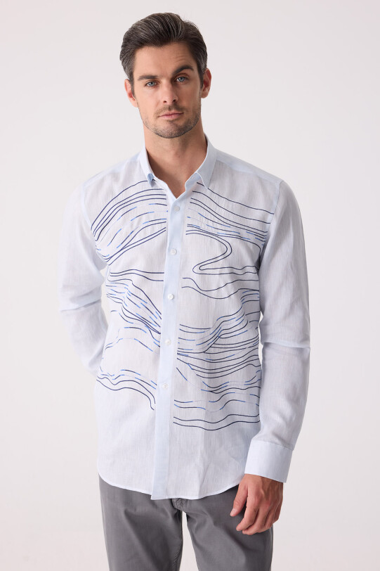 Erkek Buz Mavisi Gizli Yaka Düğmeli Keten Slim Fit Gömlek