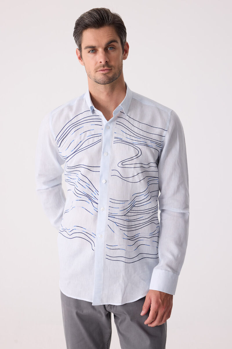 Erkek Buz Mavisi Gizli Yaka Düğmeli Keten Slim Fit Gömlek - 3