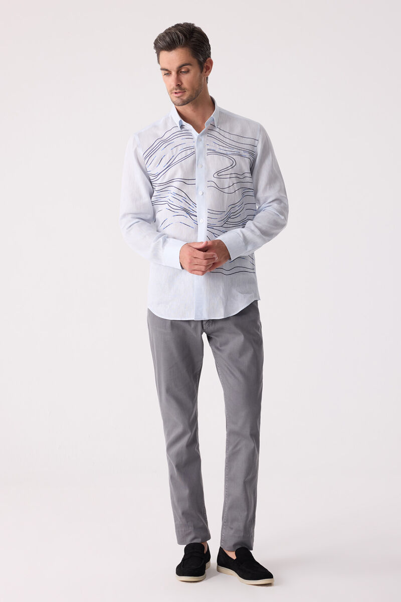 Erkek Buz Mavisi Gizli Yaka Düğmeli Keten Slim Fit Gömlek - 4