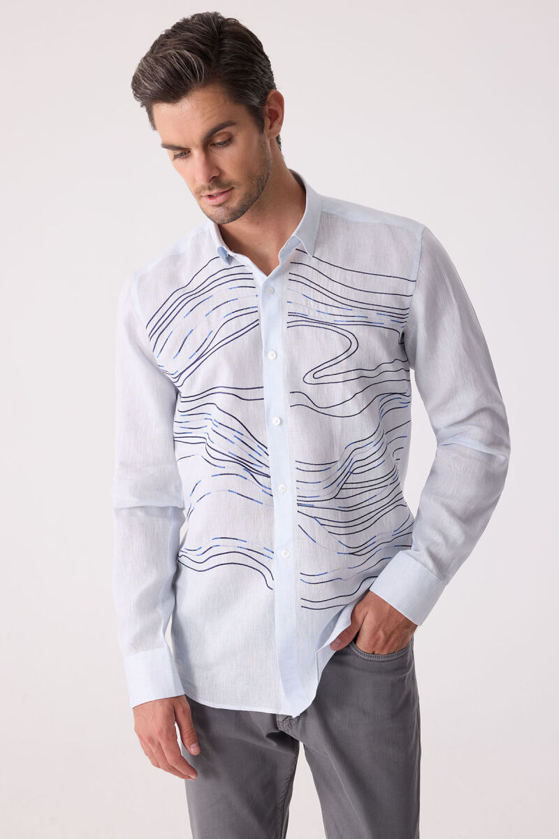 Erkek Buz Mavisi Gizli Yaka Düğmeli Keten Slim Fit Gömlek - 5