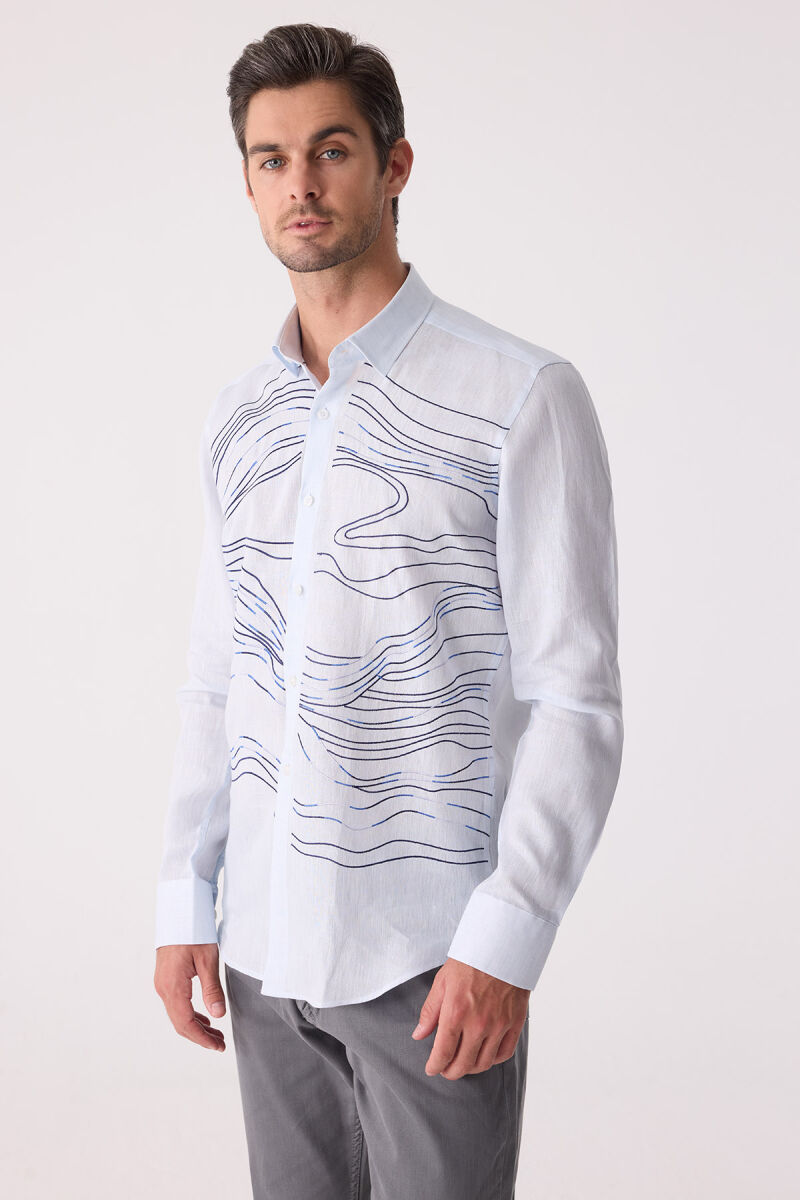 Erkek Buz Mavisi Gizli Yaka Düğmeli Keten Slim Fit Gömlek - 6