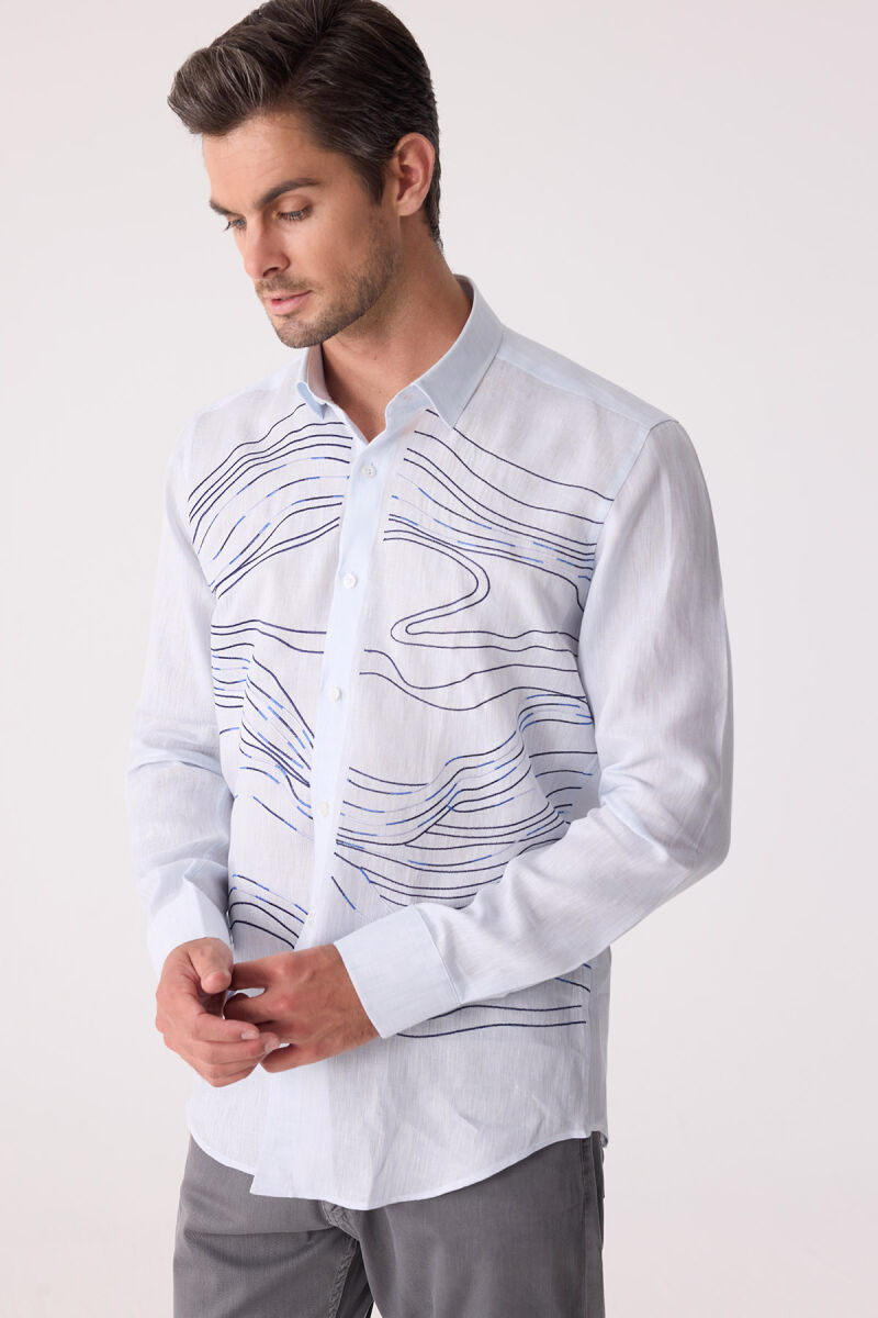 Erkek Buz Mavisi Gizli Yaka Düğmeli Keten Slim Fit Gömlek - 7
