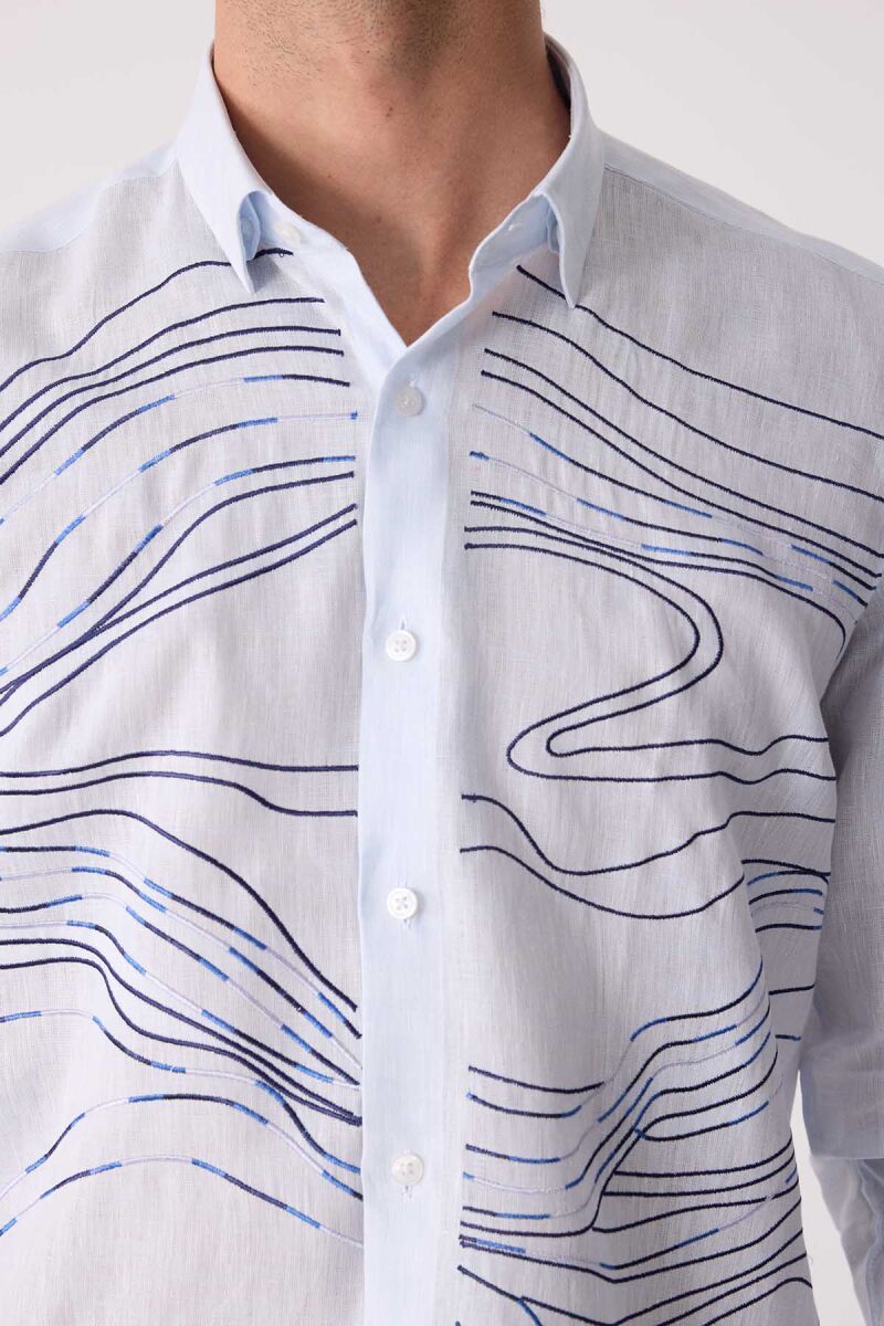 Erkek Buz Mavisi Gizli Yaka Düğmeli Keten Slim Fit Gömlek - 8