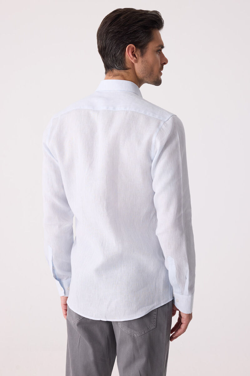 Erkek Buz Mavisi Gizli Yaka Düğmeli Keten Slim Fit Gömlek - 9