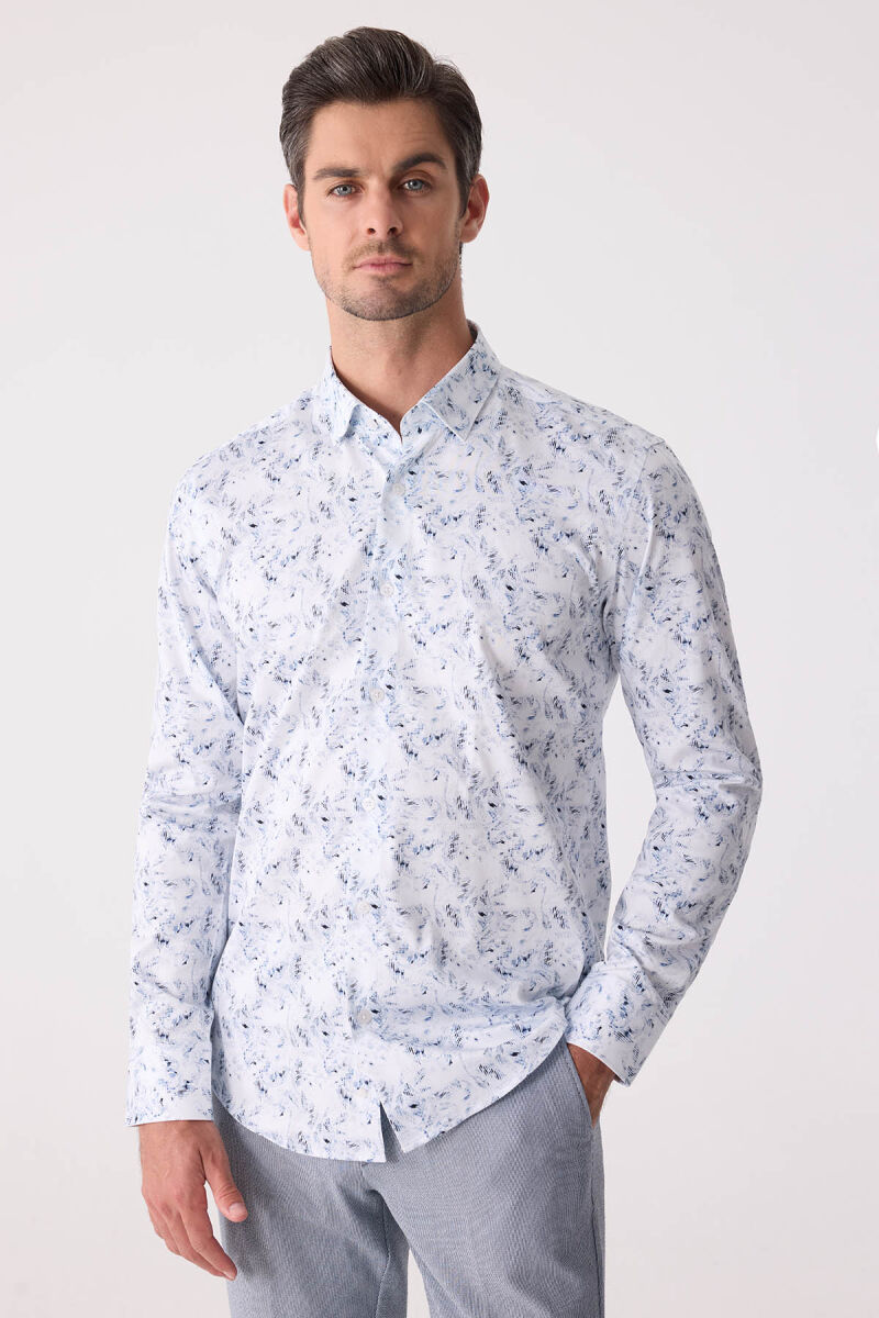 Erkek Buz Mavisi Gizli Yaka Düğmeli Slim Fit Keten Gömlek - 1