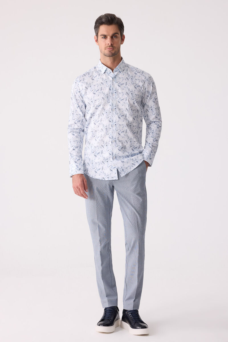 Erkek Buz Mavisi Gizli Yaka Düğmeli Slim Fit Keten Gömlek - 2