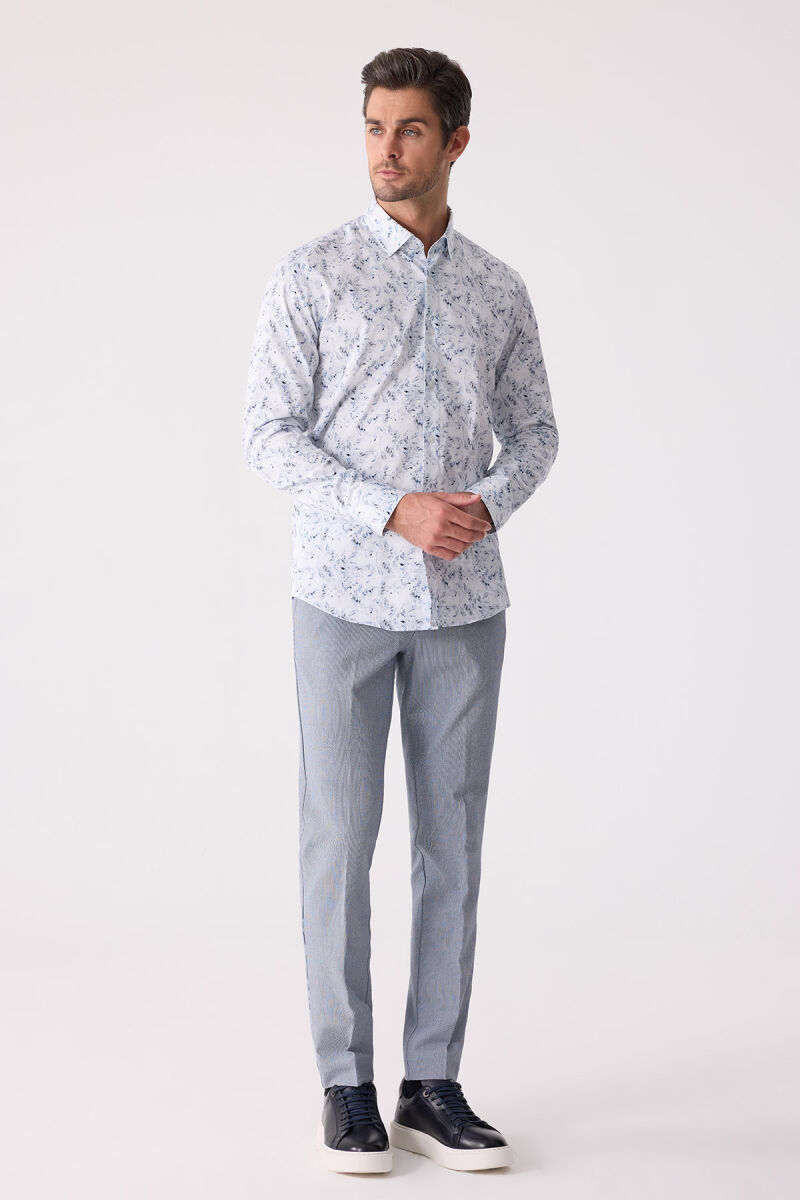 Erkek Buz Mavisi Gizli Yaka Düğmeli Slim Fit Keten Gömlek - 3