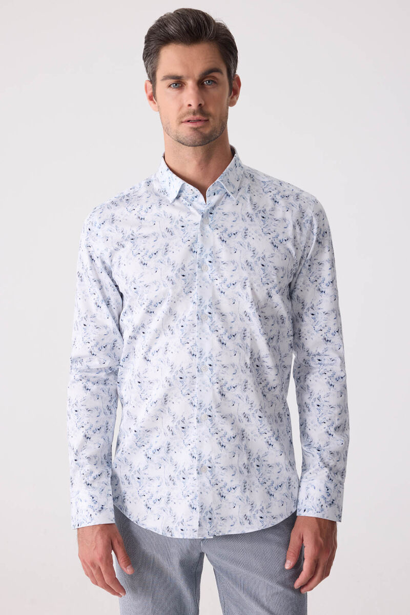 Erkek Buz Mavisi Gizli Yaka Düğmeli Slim Fit Keten Gömlek - 4