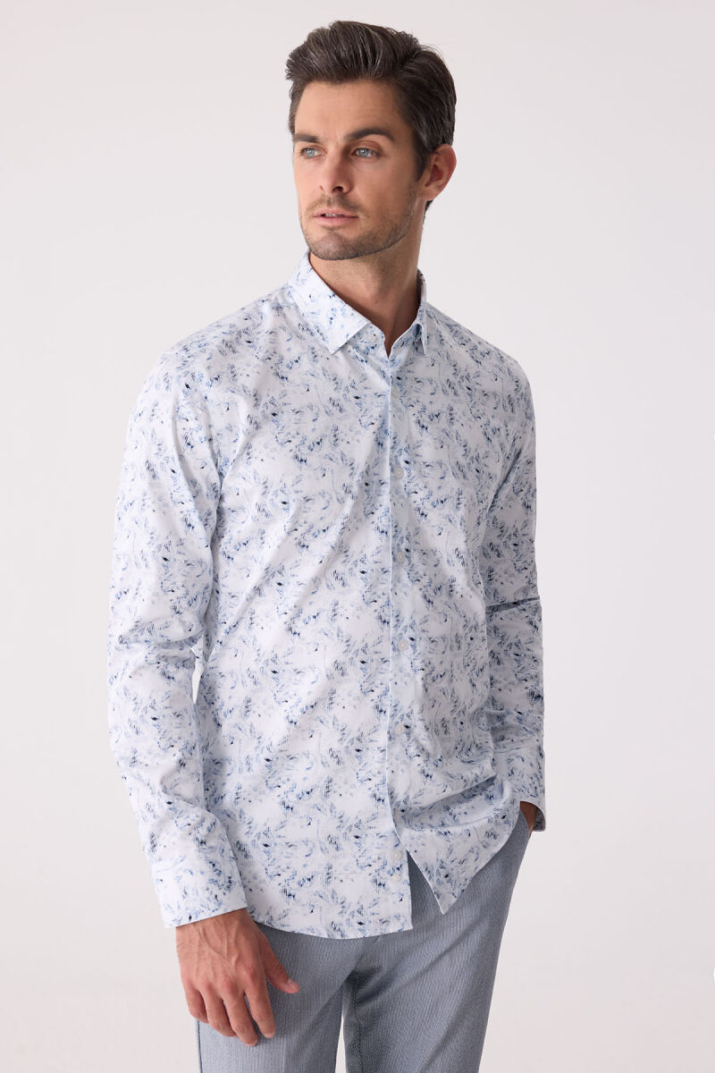 Erkek Buz Mavisi Gizli Yaka Düğmeli Slim Fit Keten Gömlek - 5