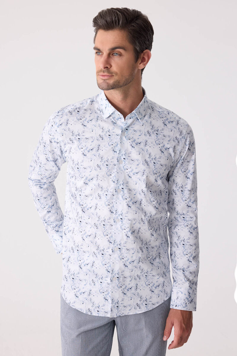 Erkek Buz Mavisi Gizli Yaka Düğmeli Slim Fit Keten Gömlek - 6