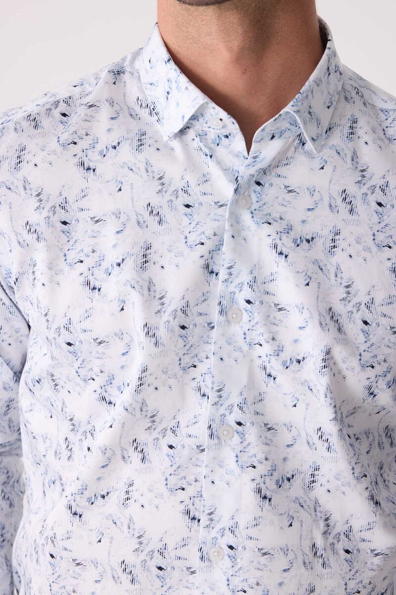 Erkek Buz Mavisi Gizli Yaka Düğmeli Slim Fit Keten Gömlek - 7