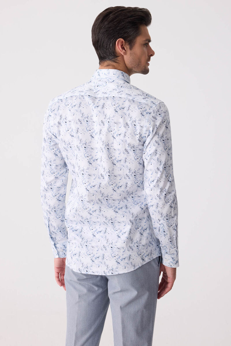 Erkek Buz Mavisi Gizli Yaka Düğmeli Slim Fit Keten Gömlek - 8