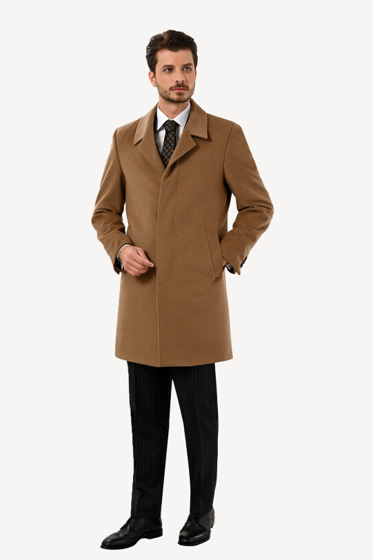 Erkek Camel Regular Fit Mono Yaka Kaşmir Palto