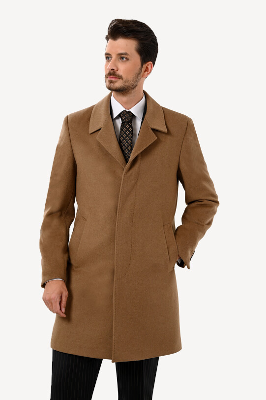 Erkek Camel Regular Fit Mono Yaka Kaşmir Palto