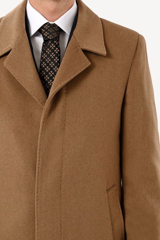Erkek Camel Regular Fit Mono Yaka Kaşmir Palto