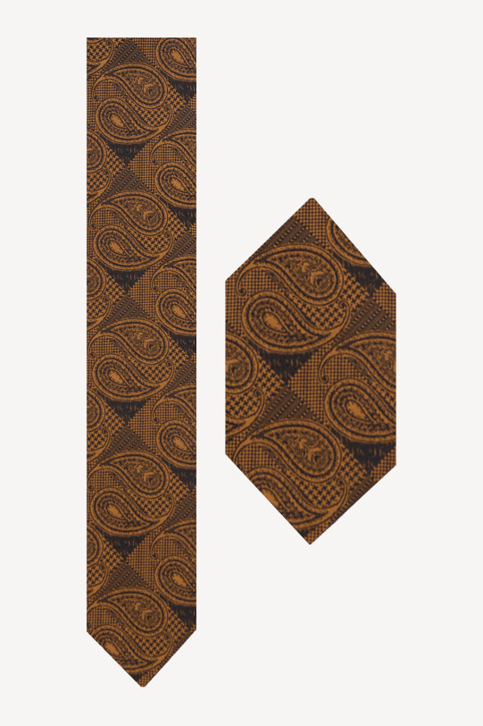 Erkek Camel Desenli Kravat Mendil Set - YSF