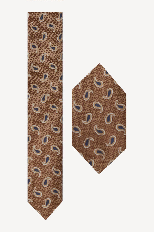Erkek Camel Desenli Kravat Mendilli Set - YSF (1)