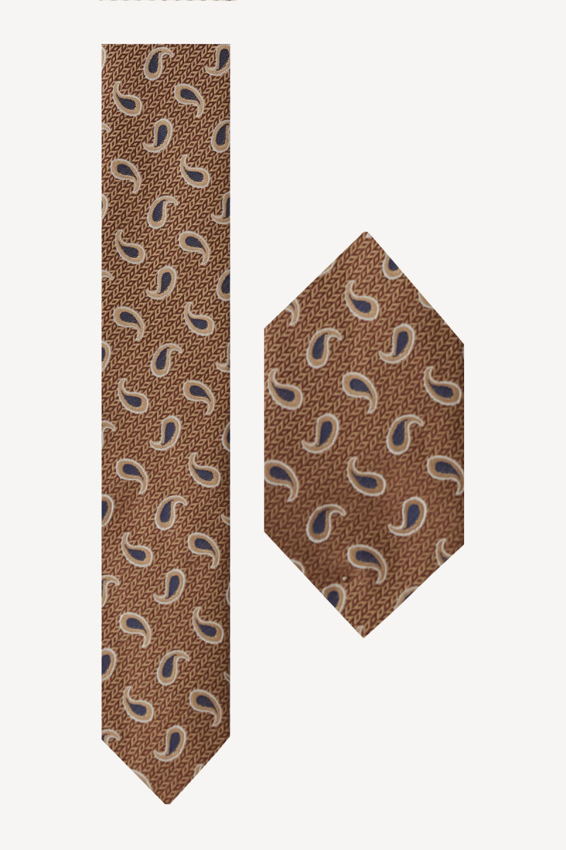 Erkek Camel Desenli Kravat Mendilli Set - 2