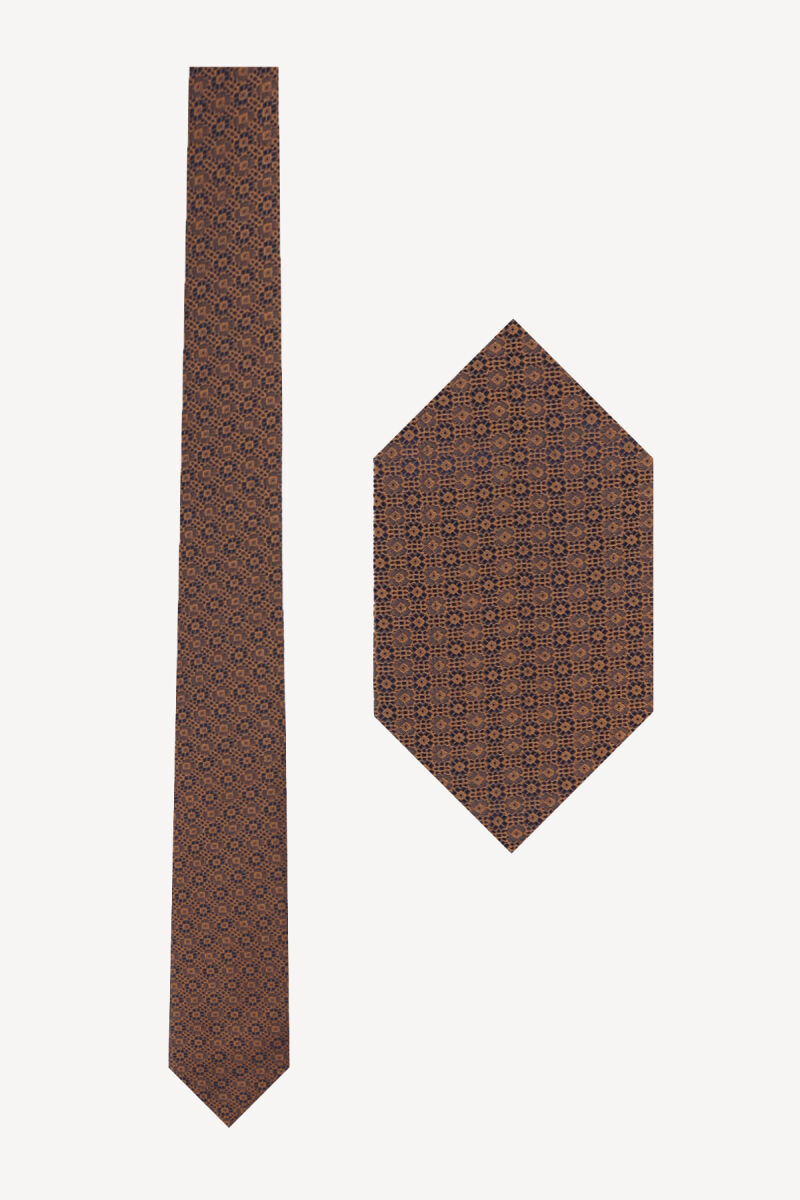 Erkek Camel Desenli Slim Kravat Mendil Set - 1