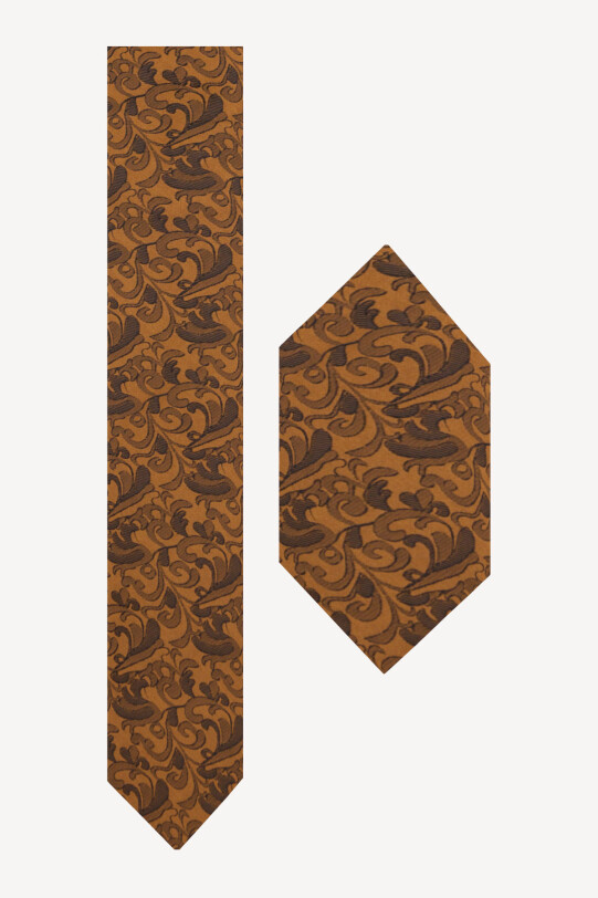 Erkek Camel Karışık Desenli Kravat Mendil Set - YSF