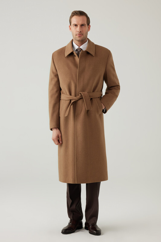 Erkek Camel Regular Fit Kaşmir Uzun Kuşaklı Palto - YSF