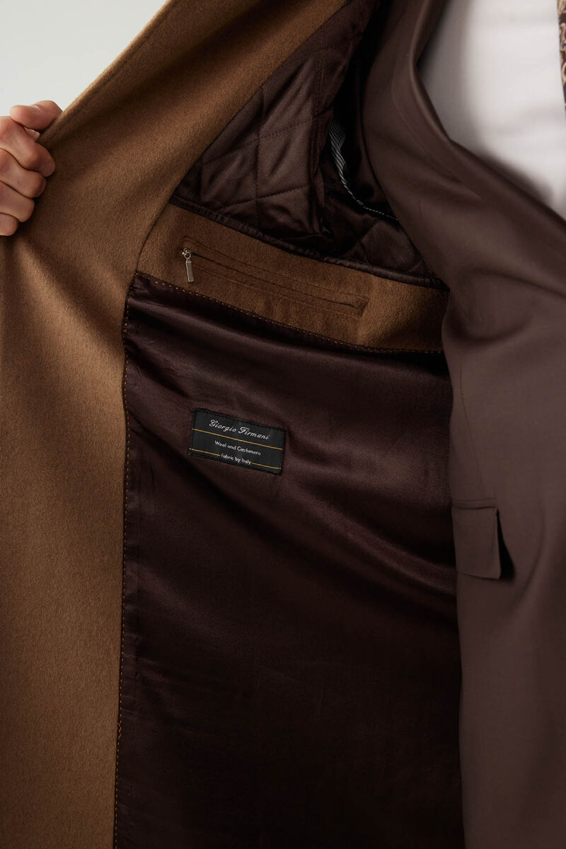 Erkek Camel Regular Fit Kaşmir Uzun Kuşaklı Palto - 10