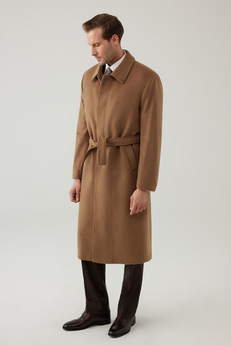 Erkek Camel Regular Fit Kaşmir Uzun Kuşaklı Palto - 5