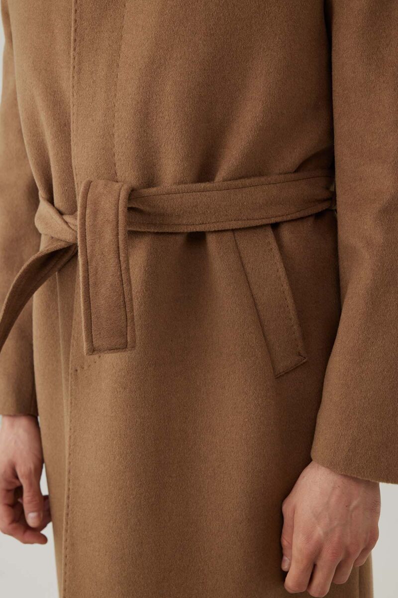 Erkek Camel Regular Fit Kaşmir Uzun Kuşaklı Palto - 8