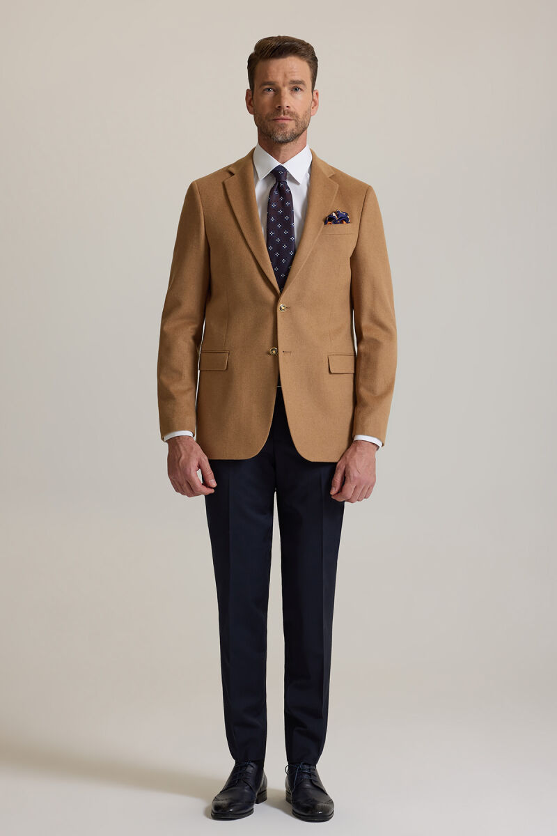 Erkek Camel Regular Fit Mono Yaka Yün-Kaşmir Karışımlı Blazer Ceket - 2