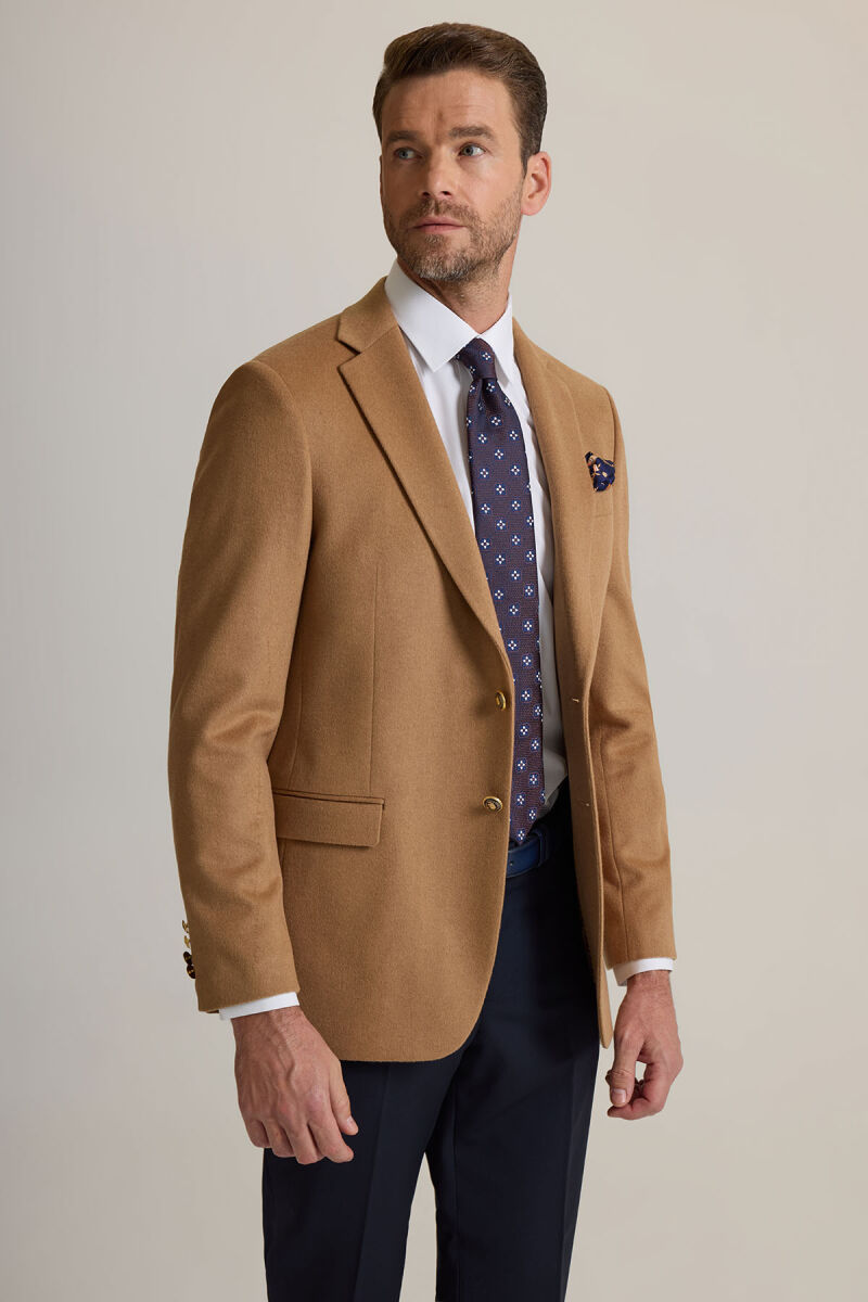 Erkek Camel Regular Fit Mono Yaka Yün-Kaşmir Karışımlı Blazer Ceket - 3