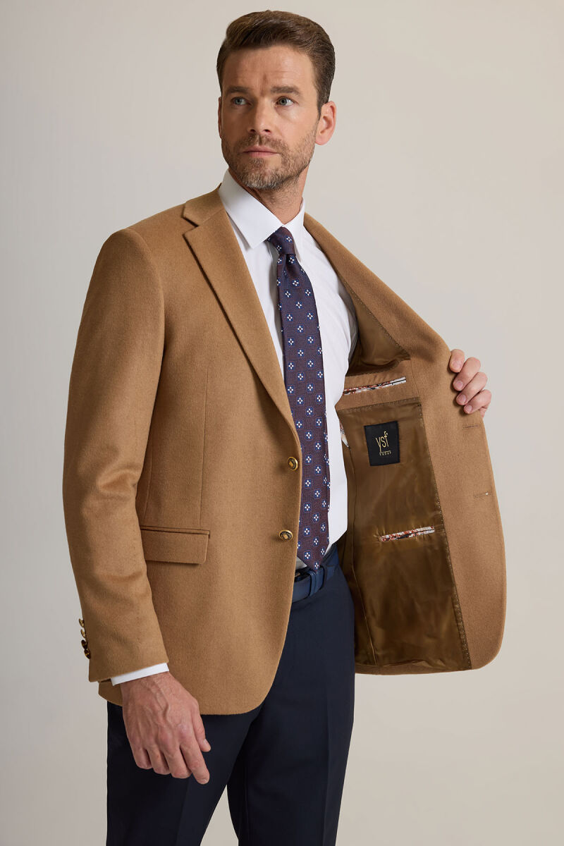 Erkek Camel Regular Fit Mono Yaka Yün-Kaşmir Karışımlı Blazer Ceket - 5