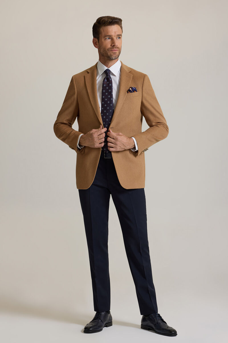 Erkek Camel Regular Fit Mono Yaka Yün-Kaşmir Karışımlı Blazer Ceket - 6