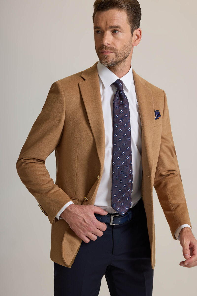 Erkek Camel Regular Fit Mono Yaka Yün-Kaşmir Karışımlı Blazer Ceket - 7