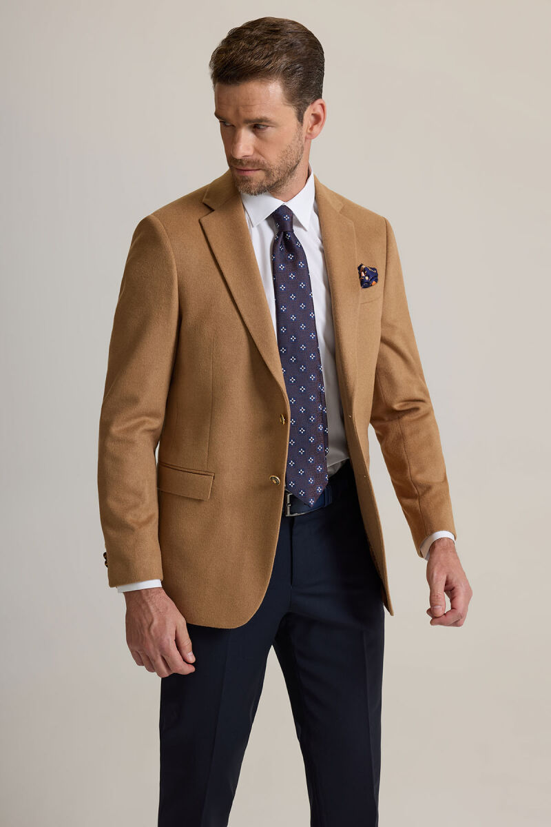 Erkek Camel Regular Fit Mono Yaka Yün-Kaşmir Karışımlı Blazer Ceket - 8