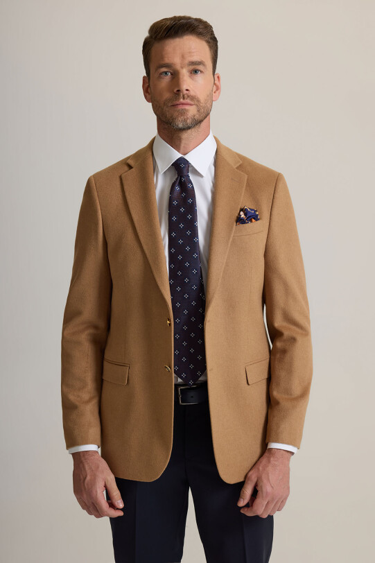 Erkek Camel Regular Fit Mono Yaka Puntolu Yün-Kaşmir Karışımlı Blazer Ceket