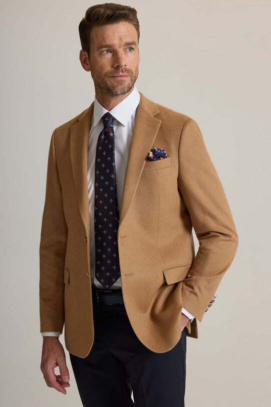 Erkek Camel Regular Fit Mono Yaka Puntolu Yün-Kaşmir Karışımlı Blazer Ceket